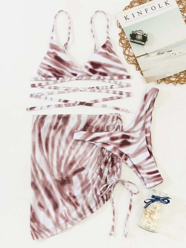 Set di bikini incrociati a 3 pacchi e gonna da spiaggia - Multicolore - Visualizzare 6