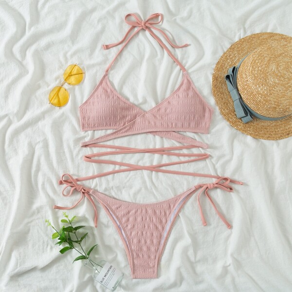 

Wrap Halter Tie Side Bikini Swimsuit, Baby pink