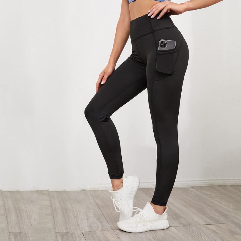 

High Stretch Wide Band Waist Sports Leggings With Phone Pocket, Black