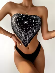 Paisley Print Bandeau Bikini Summer Beach - Black - View 1