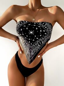 Paisley Print Bandeau Bikini Summer Beach - Black - View 3