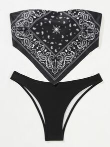 Paisley Print Bandeau Bikini Summer Beach - Black - View 4