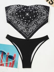 Paisley Print Bandeau Bikini Summer Beach - Black - View 7