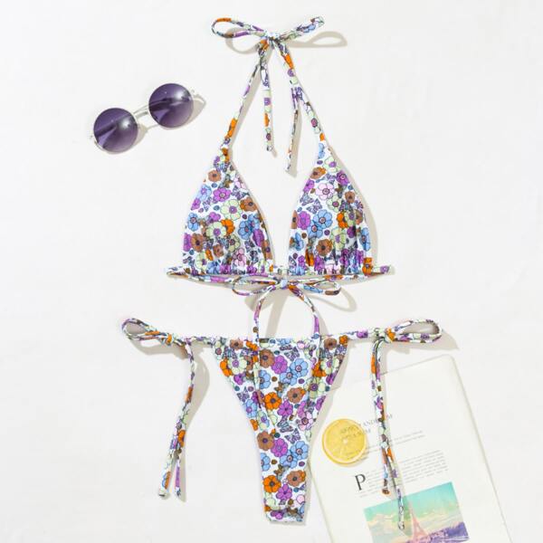 

Floral Triangle Thong Bikini Swimsuit, Multicolor