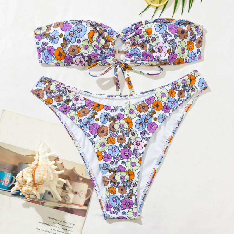 

Floral Tie Front Bandeau Bikini Swimsuit, Multicolor