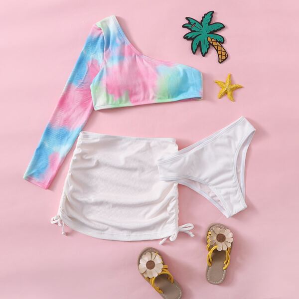 

3pack Girls Tie Dye Rib Bikini Swimsuit & Drawstring Skirt, Multicolor