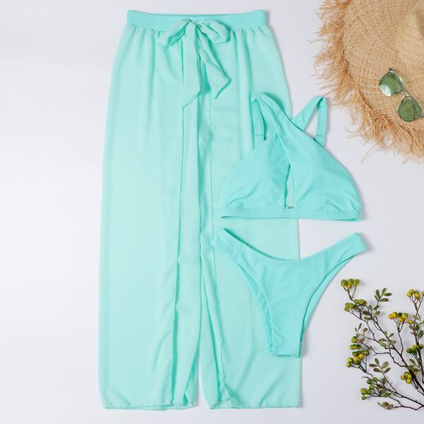 

3pack Cross Front Bikini Swimsuit With Mesh Cover Up, Mint green