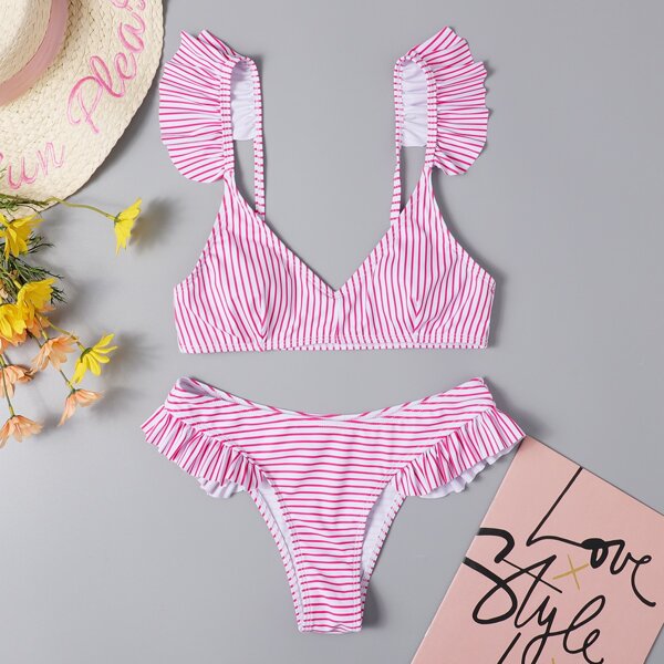 

Striped Ruffle Trim Bikini Swimsuit, Hot pink