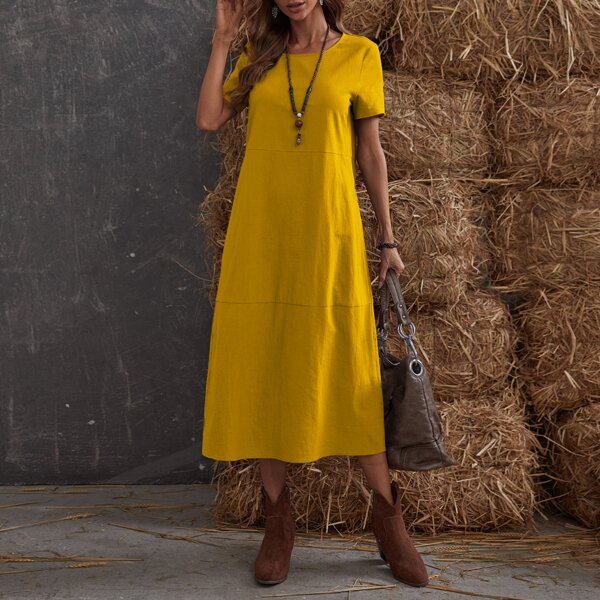 

Solid Short Sleeve Tunic Dress, Yellow