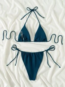 SHEIN Swim Summer Beach Triangle Thong Bikini Set - Teal Blue - View 2