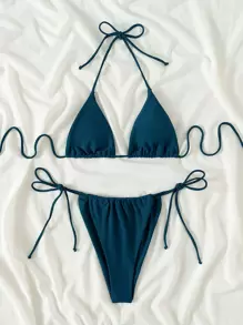 SHEIN Swim Summer Beach Triangle Thong Bikini Set - Teal Blue - View 1