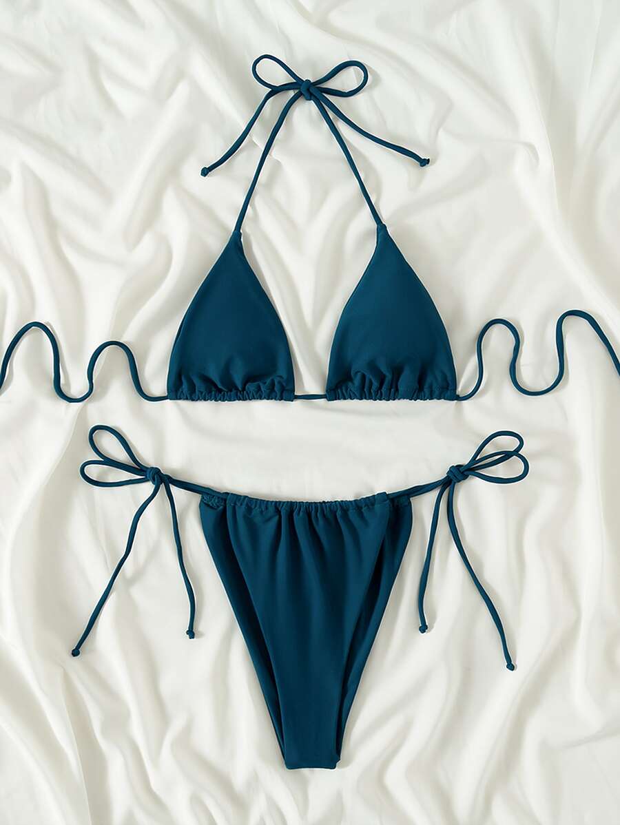 SHEIN Swim Summer Beach Triangle Thong Bikini Set - Teal Blue - View 1