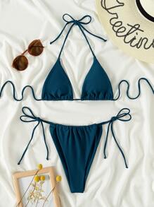 SHEIN Swim Summer Beach Triangle Thong Bikini Set - Teal Blue - View 3