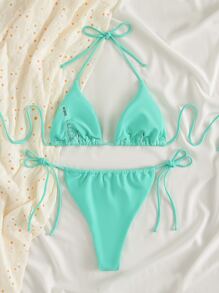 SHEIN Swim Summer Beach Solid Bikini Set Triangle Bra & Thong Bottom 2 Piece Bathing Suit - Mint Green - View 2