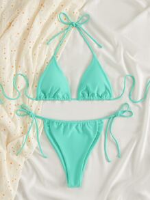 SHEIN Swim Summer Beach Solid Bikini Set Triangle Bra & Thong Bottom 2 Piece Bathing Suit - Mint Green - View 5