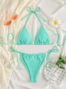 SHEIN Swim Summer Beach Solid Bikini Set Triangle Bra & Thong Bottom 2 Piece Bathing Suit - Mint Green - View 6
