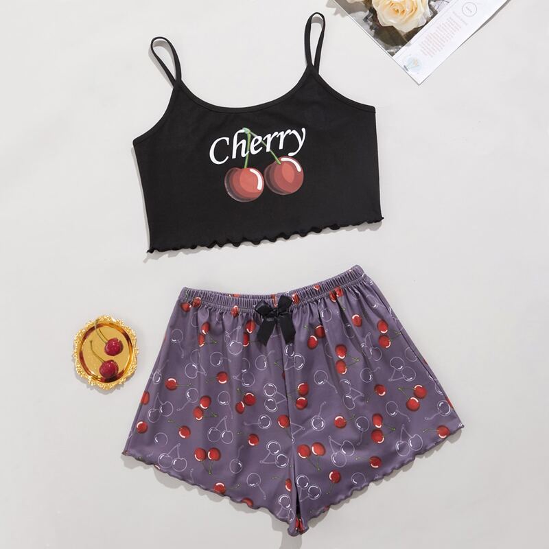 

Cherry & Letter Graphic Lettuce Trim Cami PJ Set, Multicolor