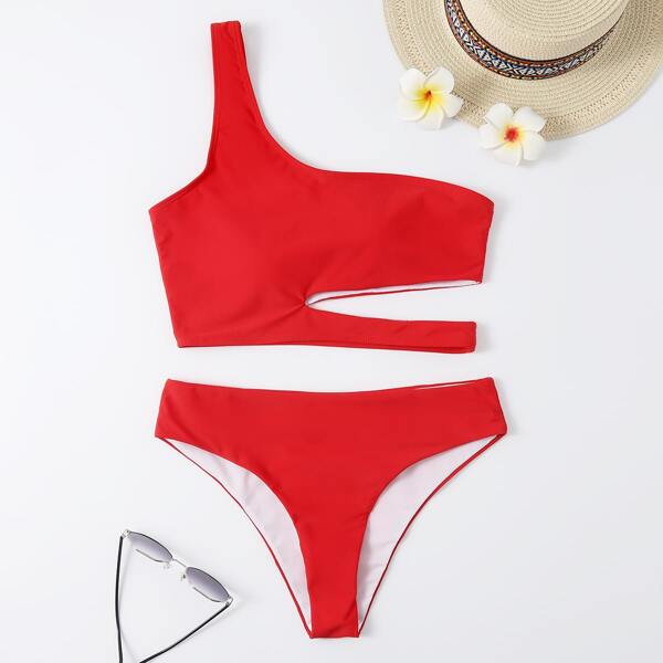 

Cut-out One Shoulder Bikini Swimsuit, Red