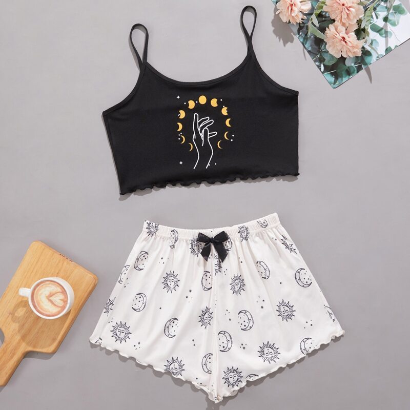 

Moon & Hand Print Lettuce Trim Cami PJ Set, Black and white