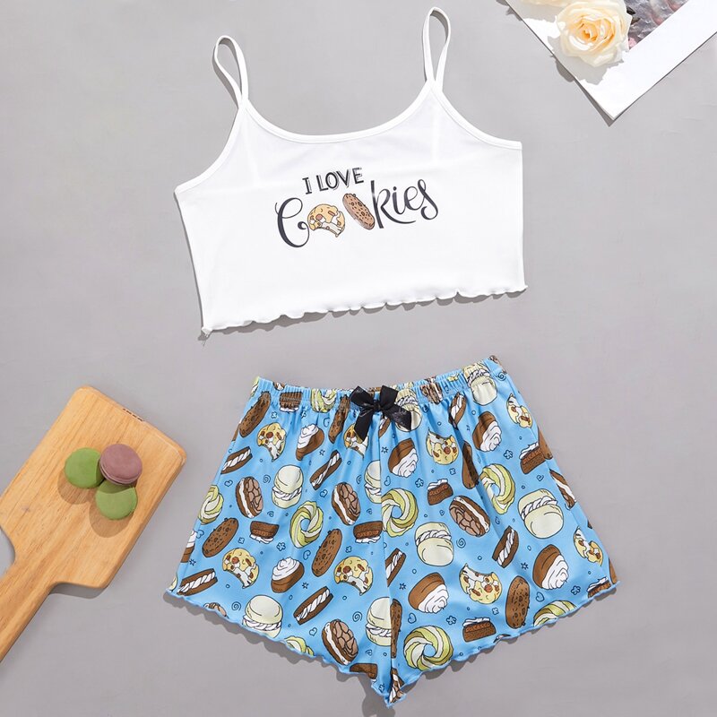 

Cookie Print Cami Pajama Set, Blue and white