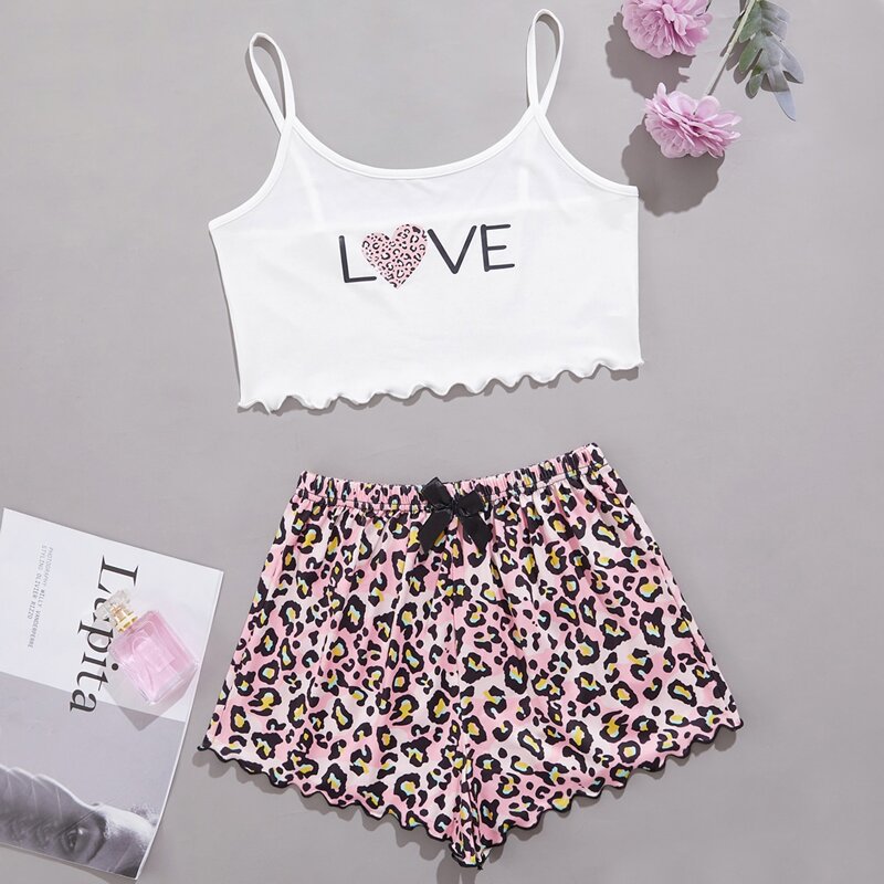 

Letter And Heart Print Cami Pajama Set, Multicolor