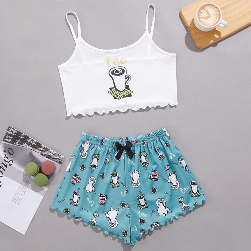 

Graphic Print Cami Pajama Set, Blue and white