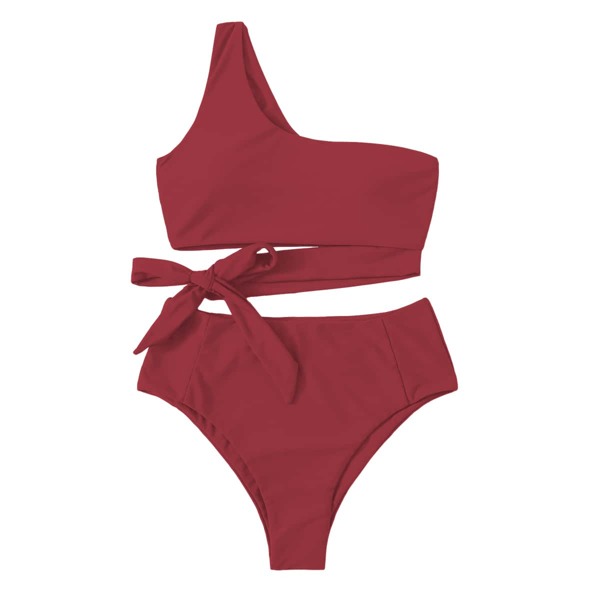 

Knot Side One Shoulder Bikini Swimsuit, Burgundy