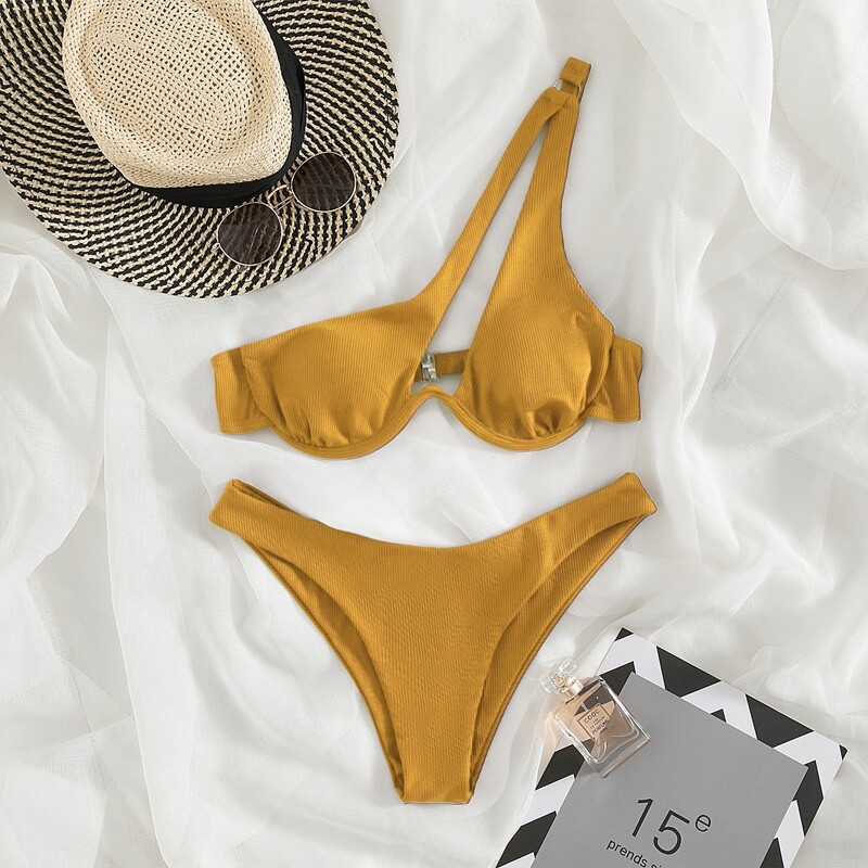 

Rib Underwire One Shoulder Bikini Swimsuit, Mustard yellow