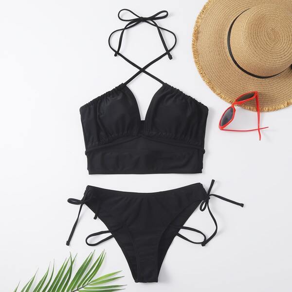 

Halter Tie Side Bikini Swimsuit, Black
