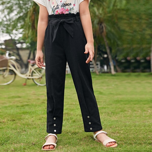 

Girls Paperbag Waist Belted Pants, Black