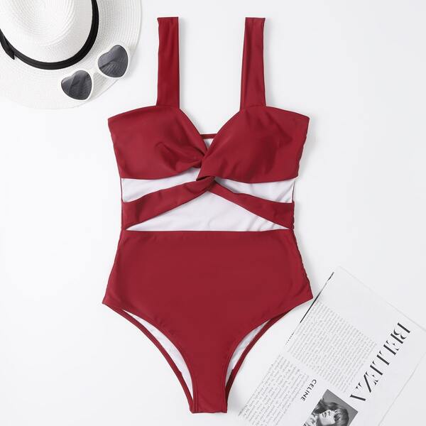 

Cut Out Twist Front One Piece Swimsuit, Burgundy