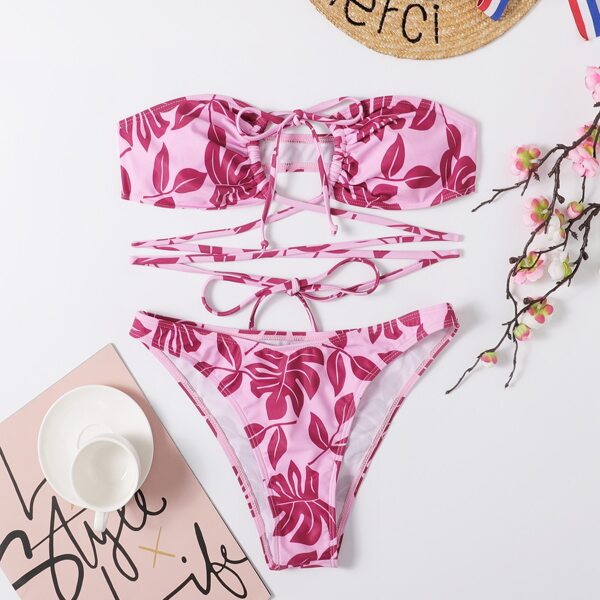 

Leaf Random Print Bandeau Bikini Swimsuit, Multicolor
