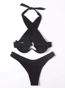 Cross Halter Underwire Bikini Set, For Summer Beach Vacation - Black - View 2