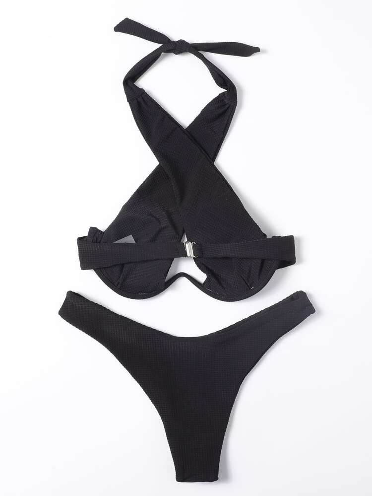 Cross Halter Underwire Bikini Set, For Summer Beach Vacation - Black - View 2