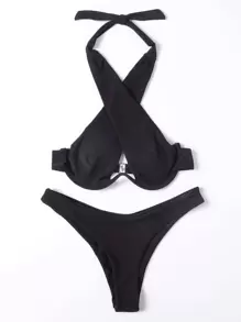 Cross Halter Underwire Bikini Set, For Summer Beach Vacation - Black - View 3