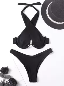 Cross Halter Underwire Bikini Set, For Summer Beach Vacation - Black - View 5