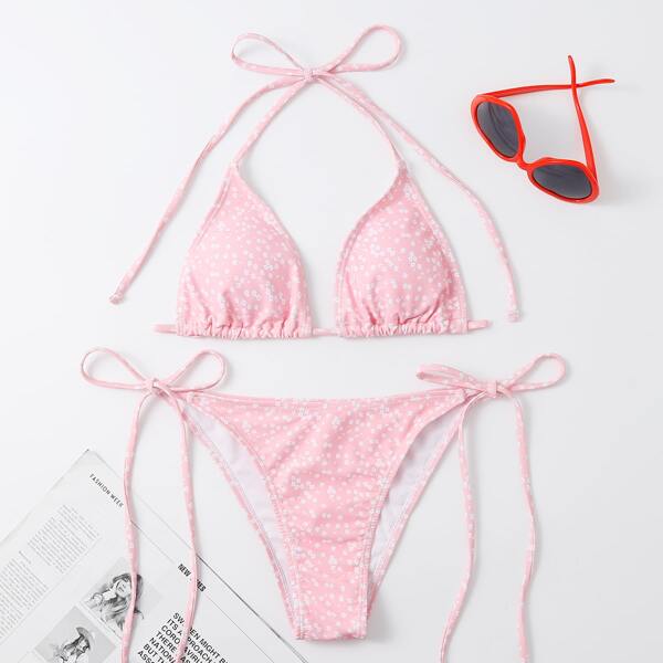 

Ditsy Floral Halter Tie Side Bikini Swimsuit, Baby pink
