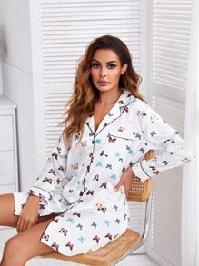 滿版蝴蝶拼接滾邊睡裙 - 白色 - 查看 6