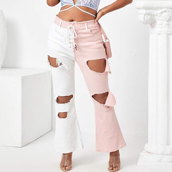 

Plus Ripped Lace Up Spliced Jeans, Multicolor