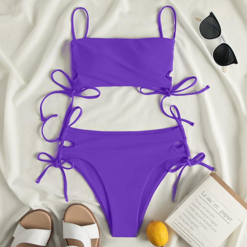 

Plain Tie Side Bikini Swimsuit, Purple