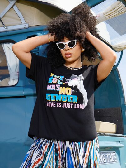 SHEIN Camiseta con estampado de figura y slogan