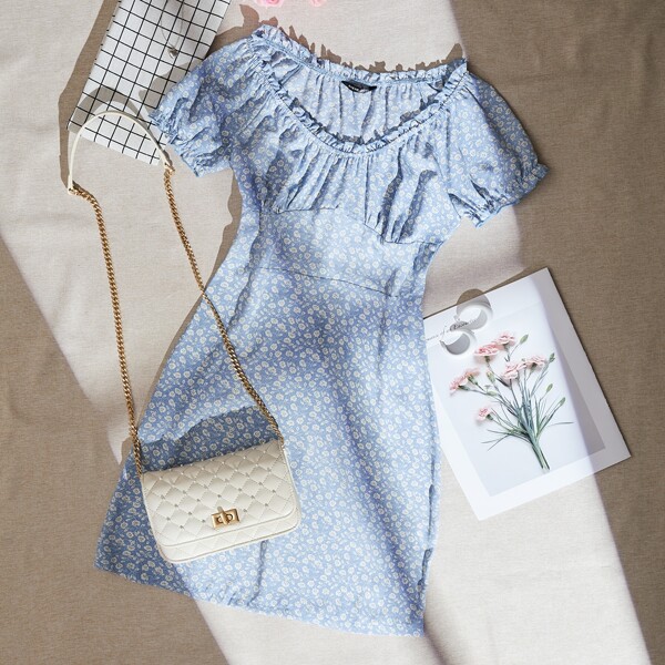 

Ditsy Floral Frill Trim Dress, Baby blue