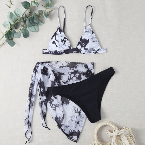 

3pack Tie Dye Triangle Bikini Swimsuit & Beach Skirt, Black and white