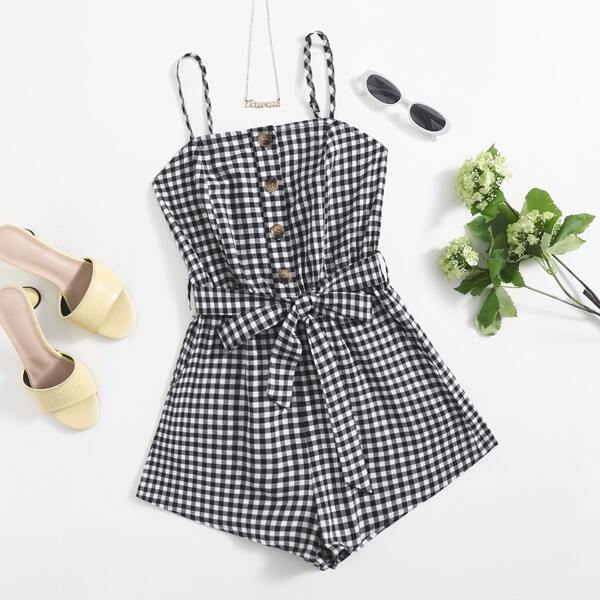 

Button Front Belted Gingham Slip Romper, Black and white