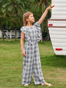 SHEIN 女孩荷葉邊袖口格紋寬管連身長褲 - 彩色 - 查看 3