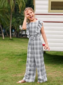 SHEIN 女孩荷葉邊袖口格紋寬管連身長褲 - 彩色 - 查看 4