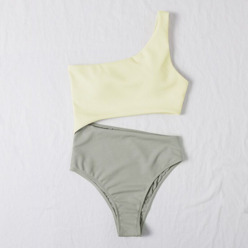 

Ribbed One Shoulder High Waist One Piece Swimsuit, Light grey