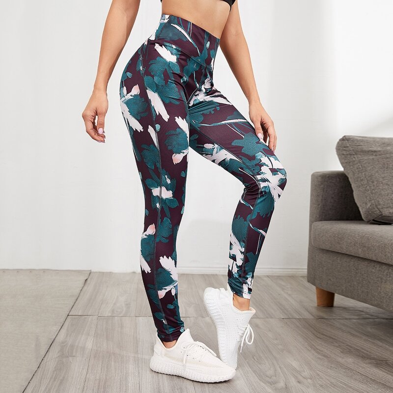 

Brush Stroke Print Wide Band Waist Sports Leggings, Multicolor