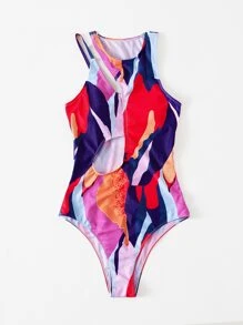 Color Block Cut Out One Piece Swimsuit - Multicolor - View 3