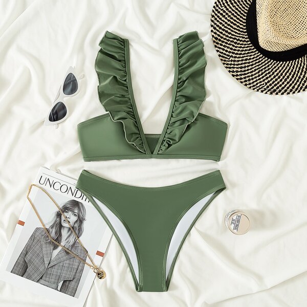 

Ruffle Trim Bikini Swimsuit, Army green